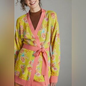Anthropologie Floral Yellow and Coral Marguerite Belted Cardigan
